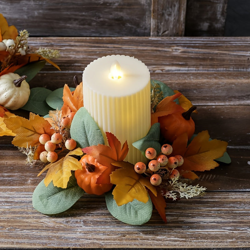 Red Berry & Maple Leaf Candle Ring, 10" Real-Touch Plastic Faux Floral, Tabletop Decor, Wedding Centerpiece, Holiday Decor