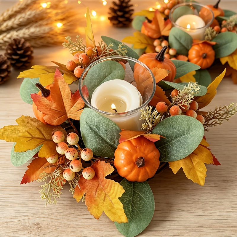 Red Berry & Maple Leaf Candle Ring, 10" Real-Touch Plastic Faux Floral, Tabletop Decor, Wedding Centerpiece, Holiday Decor