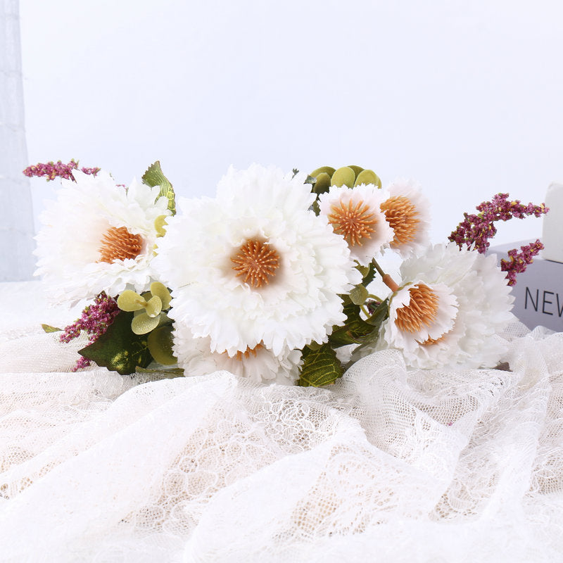 Chrysanthemum Pompom Bouquet, 12" Silk Faux Flowers, Real-Touch Floral Stems for Weddings, Home Decor, Vase Arrangements
