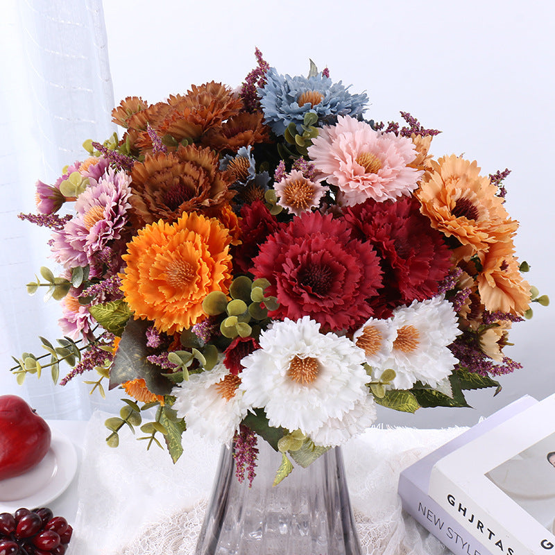Chrysanthemum Pompom Bouquet, 12" Silk Faux Flowers, Real-Touch Floral Stems for Weddings, Home Decor, Vase Arrangements