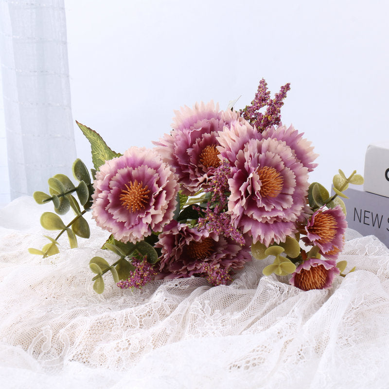 Chrysanthemum Pompom Bouquet, 12" Silk Faux Flowers, Real-Touch Floral Stems for Weddings, Home Decor, Vase Arrangements
