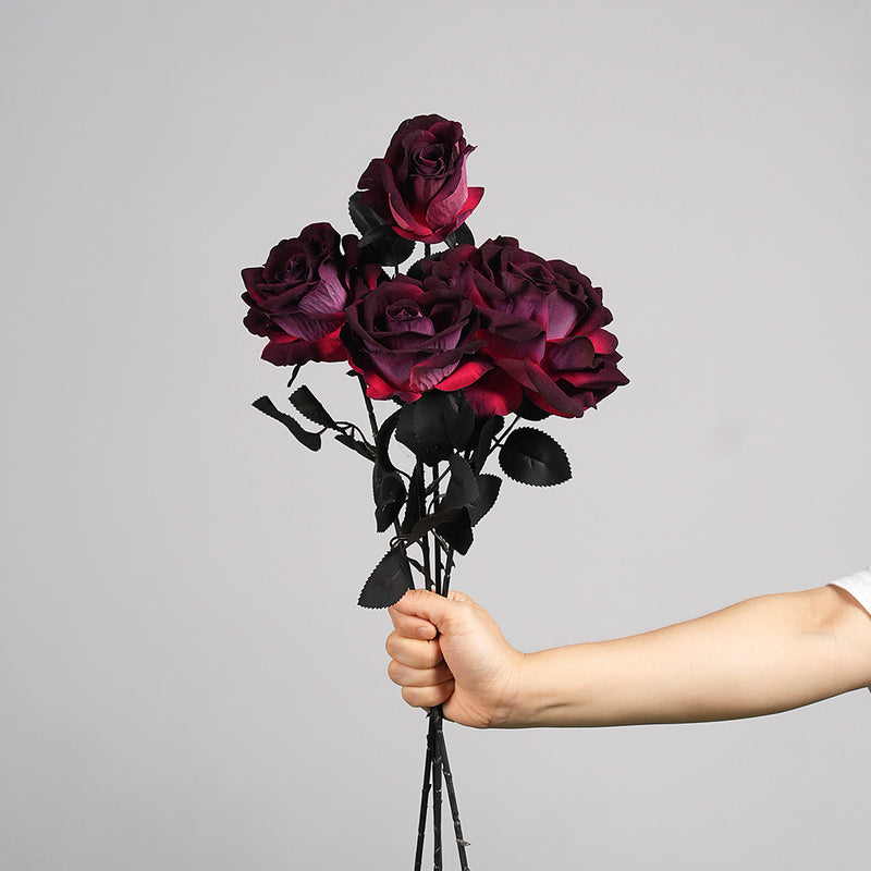 Gothic Black Artificial Rose Stem, 20" Real-Touch Faux Flower for Halloween Decor, Dark Wedding Centerpieces, DIY Bouquets & Home Vase Arrangements