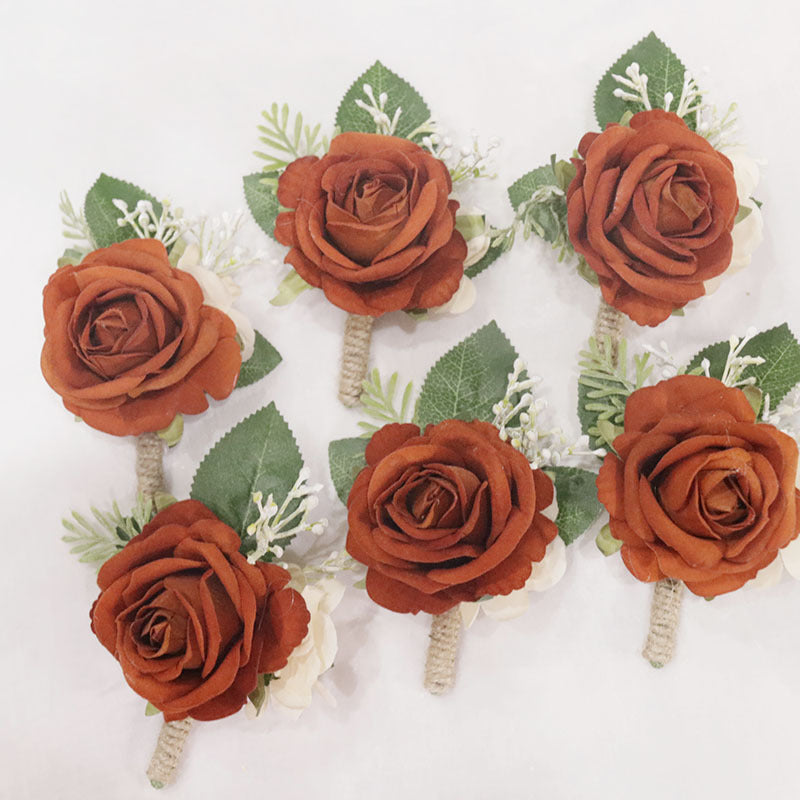 Burnt Orange Artificial Silk Rose Boutonnieres and Wrist Corsages, 4.5" Tall, Perfect for Weddings, DIY Decor, and Events
