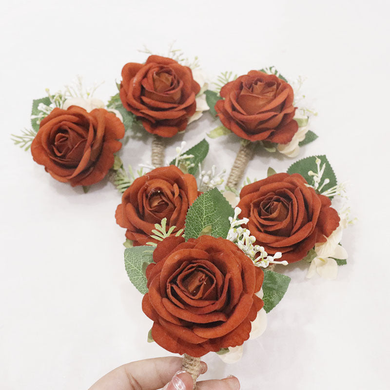 Burnt Orange Artificial Silk Rose Boutonnieres and Wrist Corsages, 4.5" Tall, Perfect for Weddings, DIY Decor, and Events