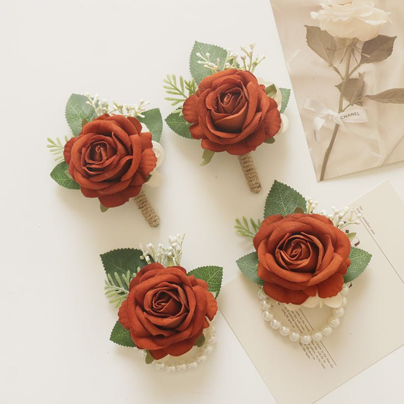 Burnt Orange Artificial Silk Rose Boutonnieres and Wrist Corsages, 4.5" Tall, Perfect for Weddings, DIY Decor, and Events