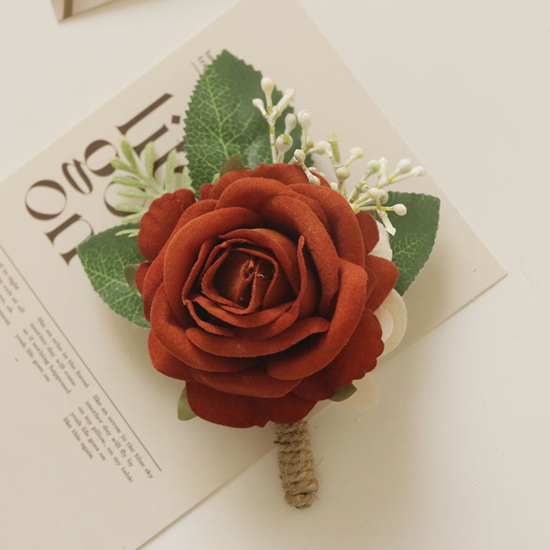 Burnt Orange Artificial Silk Rose Boutonnieres and Wrist Corsages, 4.5" Tall, Perfect for Weddings, DIY Decor, and Events