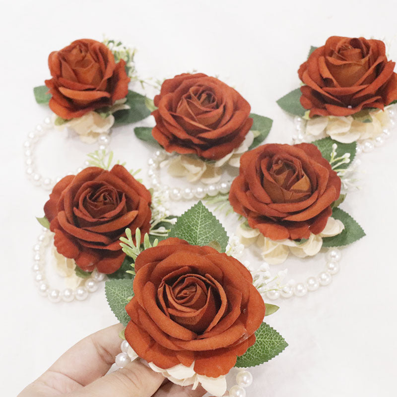 Burnt Orange Artificial Silk Rose Boutonnieres and Wrist Corsages, 4.5" Tall, Perfect for Weddings, DIY Decor, and Events