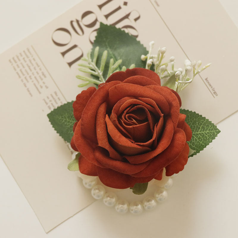 Burnt Orange Artificial Silk Rose Boutonnieres and Wrist Corsages, 4.5" Tall, Perfect for Weddings, DIY Decor, and Events