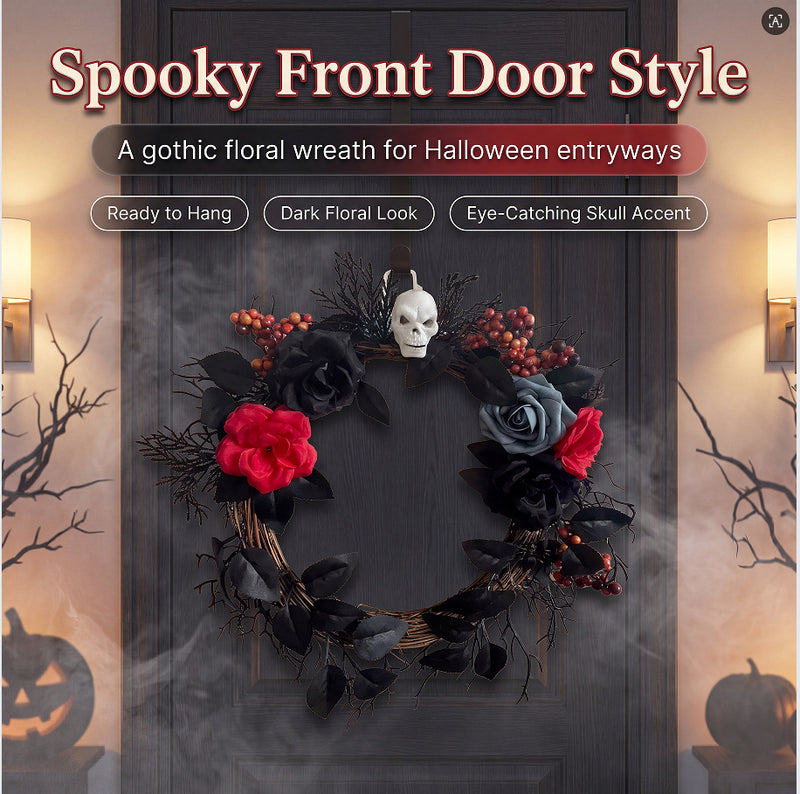 Halloween Wreath with Gothic Roses & Spiderwebs, 16" Realistic Artificial Floral Grapevine Door Hanging, Haunted House Decor, Spooky Wedding Centerpiece, Bulk Discounts Available
