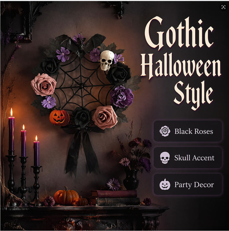 Halloween Wreath with Gothic Roses & Spiderwebs, 16" Realistic Artificial Floral Grapevine Door Hanging, Haunted House Decor, Spooky Wedding Centerpiece, Bulk Discounts Available