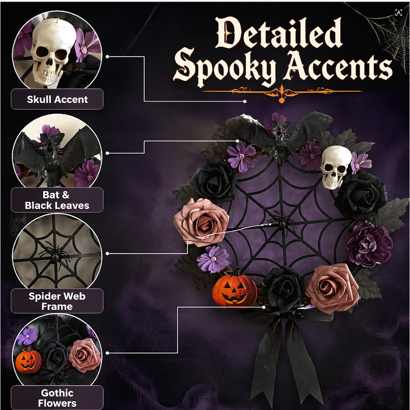 Halloween Wreath with Gothic Roses & Spiderwebs, 16" Realistic Artificial Floral Grapevine Door Hanging, Haunted House Decor, Spooky Wedding Centerpiece, Bulk Discounts Available