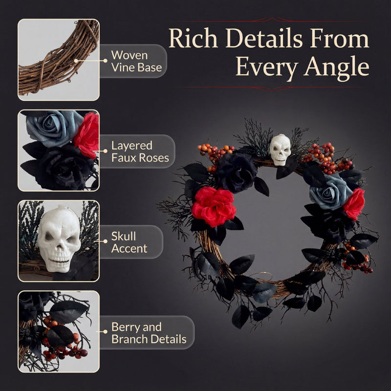 Halloween Wreath with Gothic Roses & Spiderwebs, 16" Realistic Artificial Floral Grapevine Door Hanging, Haunted House Decor, Spooky Wedding Centerpiece, Bulk Discounts Available