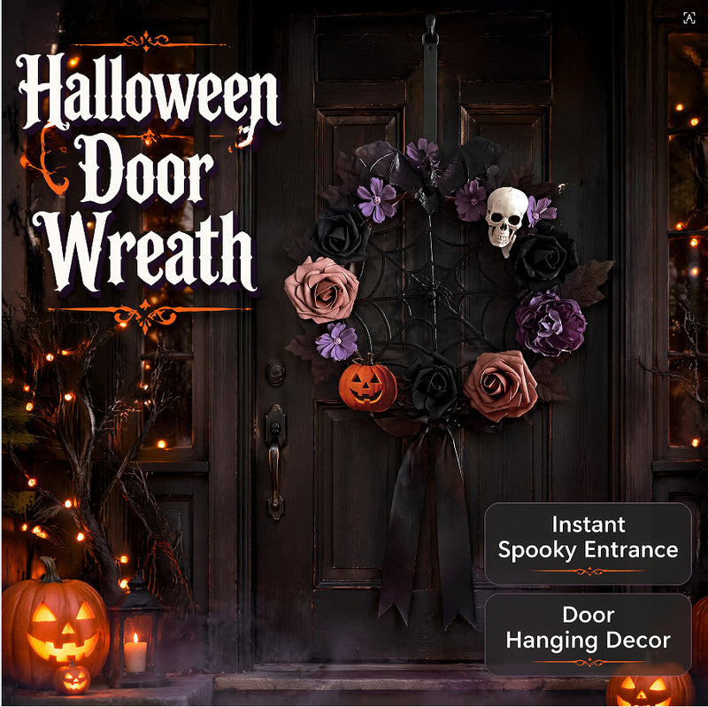 Halloween Wreath with Gothic Roses & Spiderwebs, 16" Realistic Artificial Floral Grapevine Door Hanging, Haunted House Decor, Spooky Wedding Centerpiece, Bulk Discounts Available