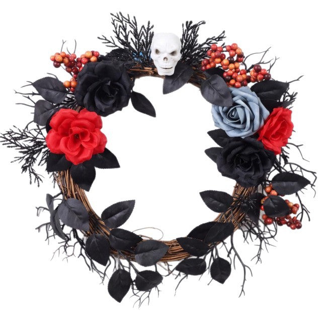 Halloween Wreath with Gothic Roses & Spiderwebs, 16" Realistic Artificial Floral Grapevine Door Hanging, Haunted House Decor, Spooky Wedding Centerpiece, Bulk Discounts Available