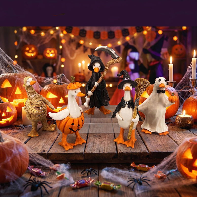 Halloween Duck Figurines Set - Mummy, Pumpkin, Reaper, Witch & Ghost Resin Decor for Home, Office & Seasonal Displays (5-Piece)