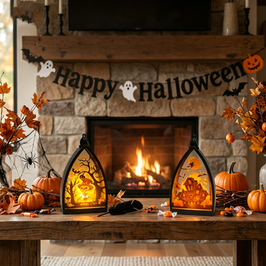 Mini Halloween Pumpkin & Skull Decor, 6.5" Tall Haunted House Lantern, Spooky Party Centerpiece, Tabletop Decor for Home & Events