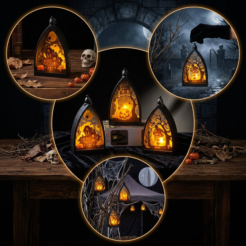 Mini Halloween Pumpkin & Skull Decor, 6.5" Tall Haunted House Lantern, Spooky Party Centerpiece, Tabletop Decor for Home & Events