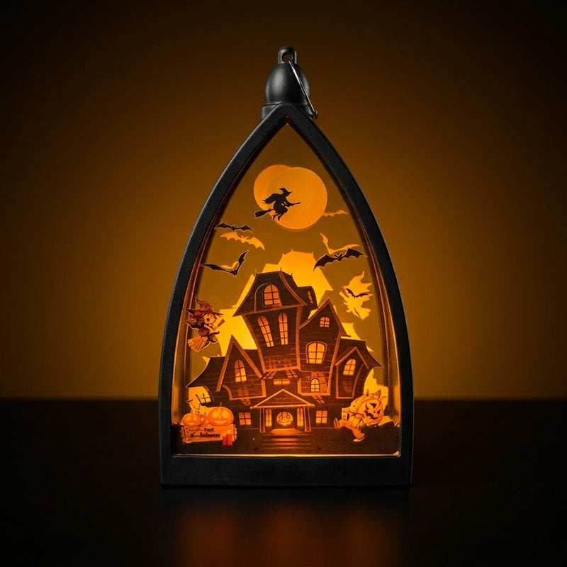 Mini Halloween Pumpkin & Skull Decor, 6.5" Tall Haunted House Lantern, Spooky Party Centerpiece, Tabletop Decor for Home & Events