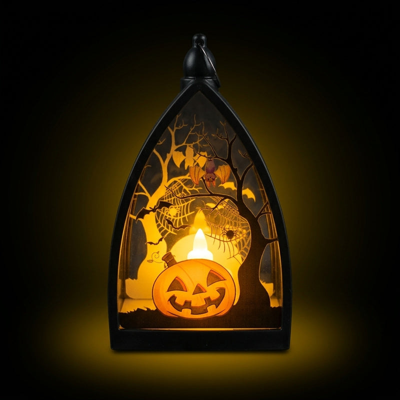 Mini Halloween Pumpkin & Skull Decor, 6.5" Tall Haunted House Lantern, Spooky Party Centerpiece, Tabletop Decor for Home & Events