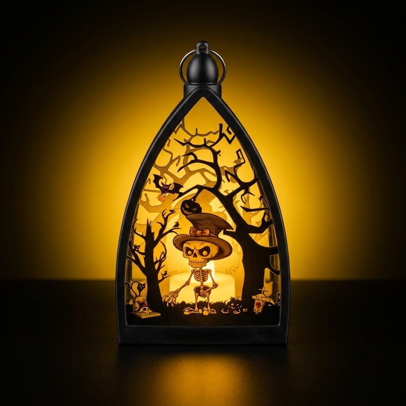 Mini Halloween Pumpkin & Skull Decor, 6.5" Tall Haunted House Lantern, Spooky Party Centerpiece, Tabletop Decor for Home & Events