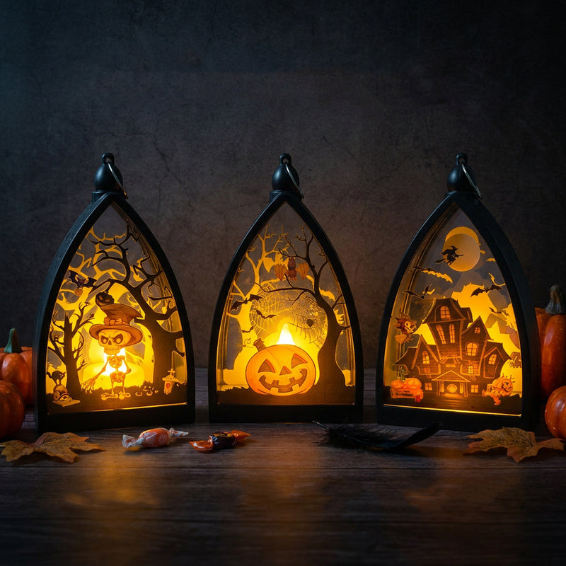 Mini Halloween Pumpkin & Skull Decor, 6.5" Tall Haunted House Lantern, Spooky Party Centerpiece, Tabletop Decor for Home & Events