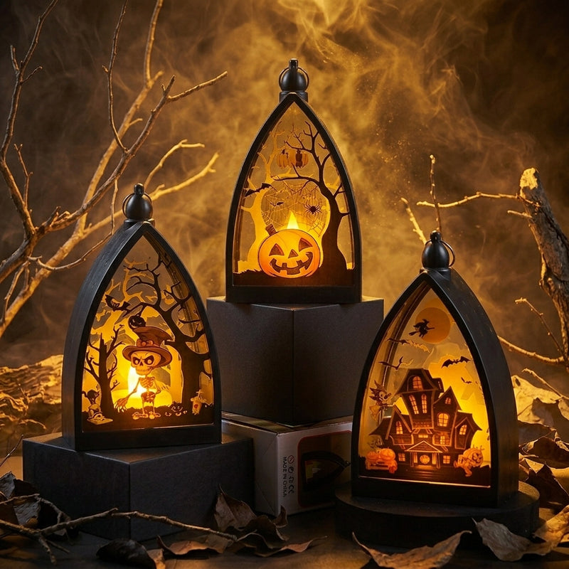Mini Halloween Pumpkin & Skull Decor, 6.5" Tall Haunted House Lantern, Spooky Party Centerpiece, Tabletop Decor for Home & Events