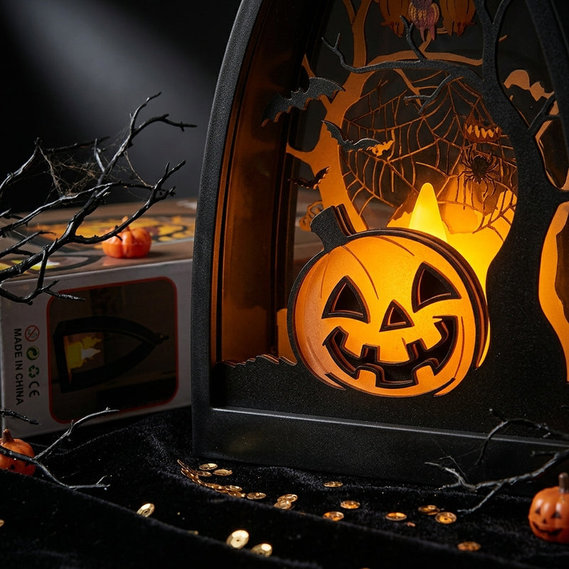 Mini Halloween Pumpkin & Skull Decor, 6.5" Tall Haunted House Lantern, Spooky Party Centerpiece, Tabletop Decor for Home & Events