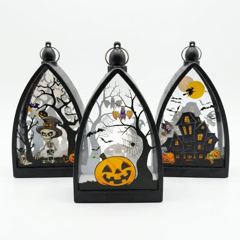 Mini Halloween Pumpkin & Skull Decor, 6.5" Tall Haunted House Lantern, Spooky Party Centerpiece, Tabletop Decor for Home & Events