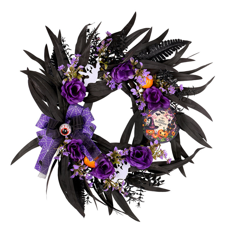 Halloween Faux Rose Wreath with Wooden Sign, 20" Diameter, Real-Touch Mixed Materials, Indoor/Outdoor Decor for Parties, Home, and Events