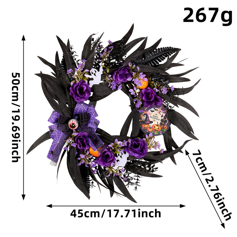 Halloween Faux Rose Wreath with Wooden Sign, 20" Diameter, Real-Touch Mixed Materials, Indoor/Outdoor Decor for Parties, Home, and Events