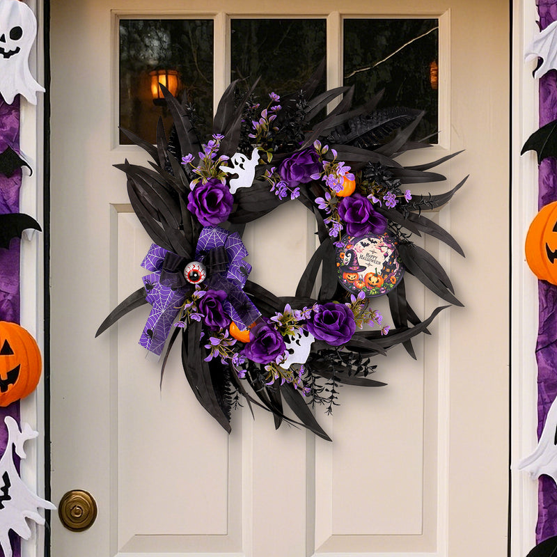 Halloween Faux Rose Wreath with Wooden Sign, 20" Diameter, Real-Touch Mixed Materials, Indoor/Outdoor Decor for Parties, Home, and Events