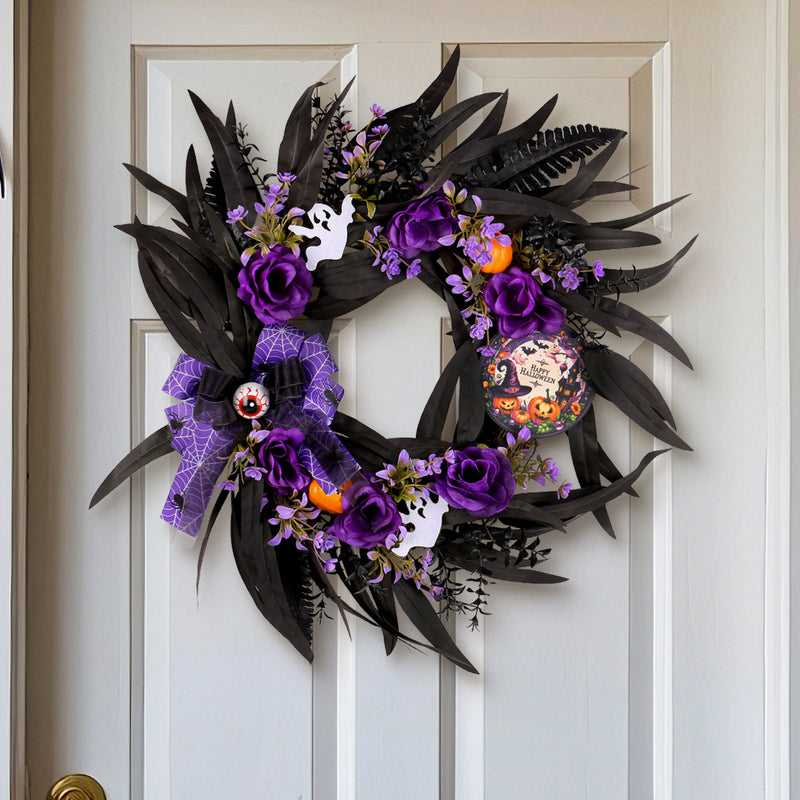 Halloween Faux Rose Wreath with Wooden Sign, 20" Diameter, Real-Touch Mixed Materials, Indoor/Outdoor Decor for Parties, Home, and Events