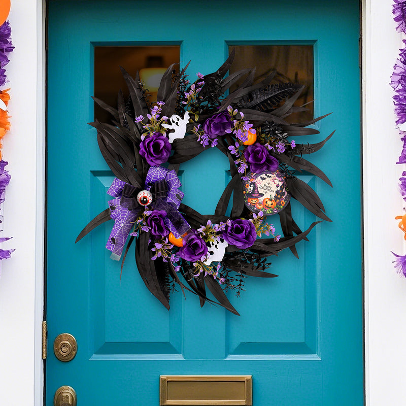 Halloween Faux Rose Wreath with Wooden Sign, 20" Diameter, Real-Touch Mixed Materials, Indoor/Outdoor Decor for Parties, Home, and Events