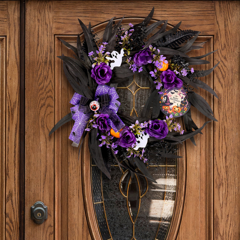 Halloween Faux Rose Wreath with Wooden Sign, 20" Diameter, Real-Touch Mixed Materials, Indoor/Outdoor Decor for Parties, Home, and Events