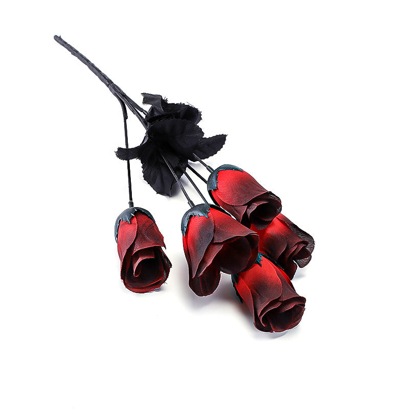 Set of 5 Dark-Toned Silk Mini Roses, 16" Long, Gothic Style Artificial Flowers for Halloween, Weddings, and Home Decor