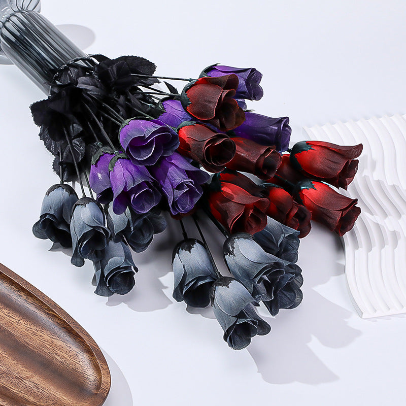 Set of 5 Dark-Toned Silk Mini Roses, 16" Long, Gothic Style Artificial Flowers for Halloween, Weddings, and Home Decor