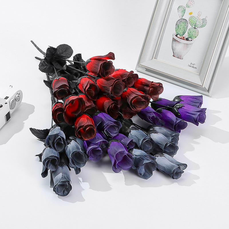 Set of 5 Dark-Toned Silk Mini Roses, 16" Long, Gothic Style Artificial Flowers for Halloween, Weddings, and Home Decor