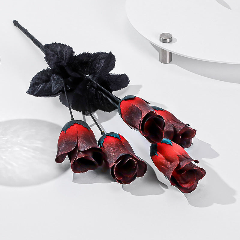 Set of 5 Dark-Toned Silk Mini Roses, 16" Long, Gothic Style Artificial Flowers for Halloween, Weddings, and Home Decor