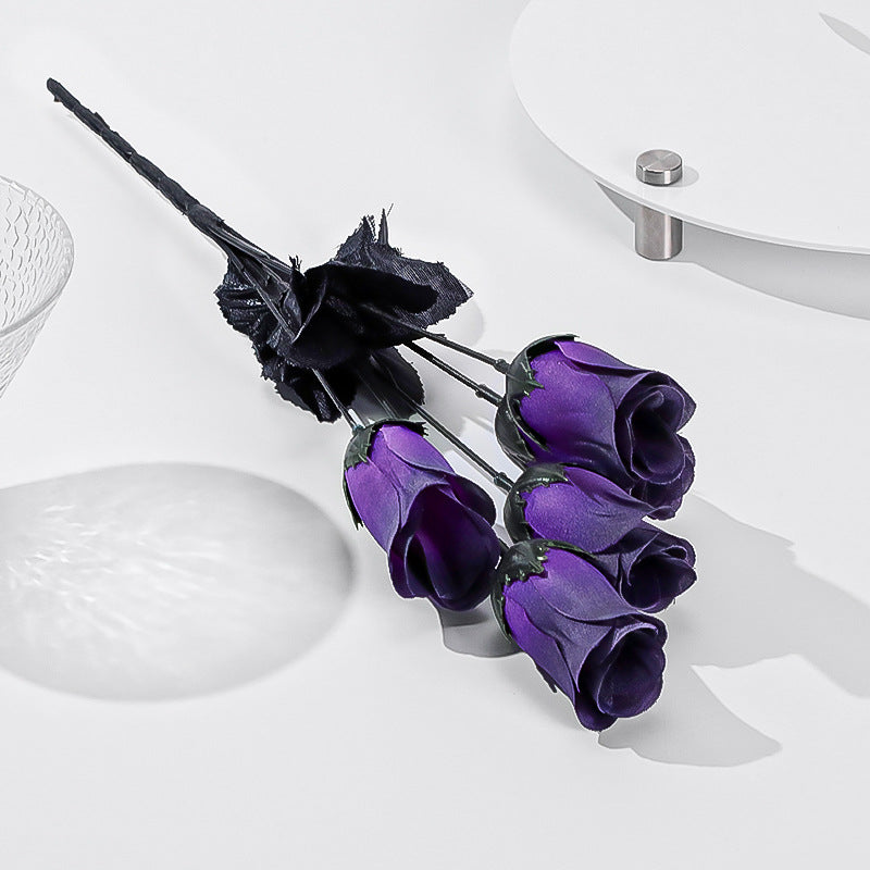 Set of 5 Dark-Toned Silk Mini Roses, 16" Long, Gothic Style Artificial Flowers for Halloween, Weddings, and Home Decor
