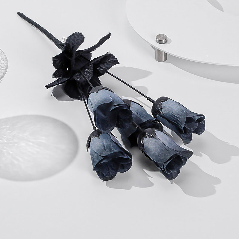 Set of 5 Dark-Toned Silk Mini Roses, 16" Long, Gothic Style Artificial Flowers for Halloween, Weddings, and Home Decor
