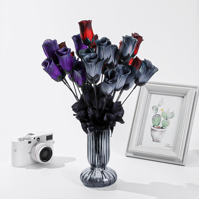 Set of 5 Dark-Toned Silk Mini Roses, 16" Long, Gothic Style Artificial Flowers for Halloween, Weddings, and Home Decor