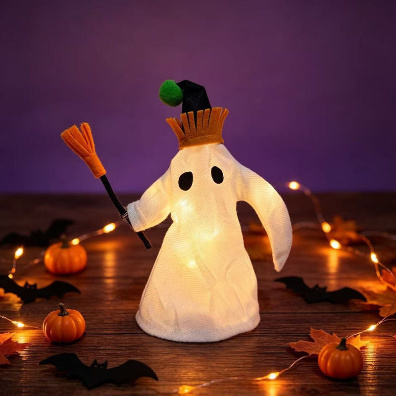 LED Light-Up Halloween Ghost Decor with Witch Hat & Broomstick - 11" Long Spooky Tabletop Decor, Haunted House Accent, Party Centerpiece