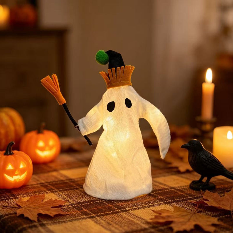 LED Light-Up Halloween Ghost Decor with Witch Hat & Broomstick - 11" Long Spooky Tabletop Decor, Haunted House Accent, Party Centerpiece