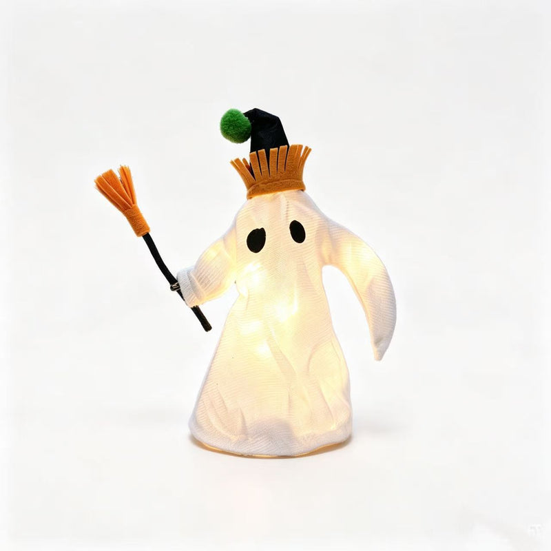 LED Light-Up Halloween Ghost Decor with Witch Hat & Broomstick - 11" Long Spooky Tabletop Decor, Haunted House Accent, Party Centerpiece