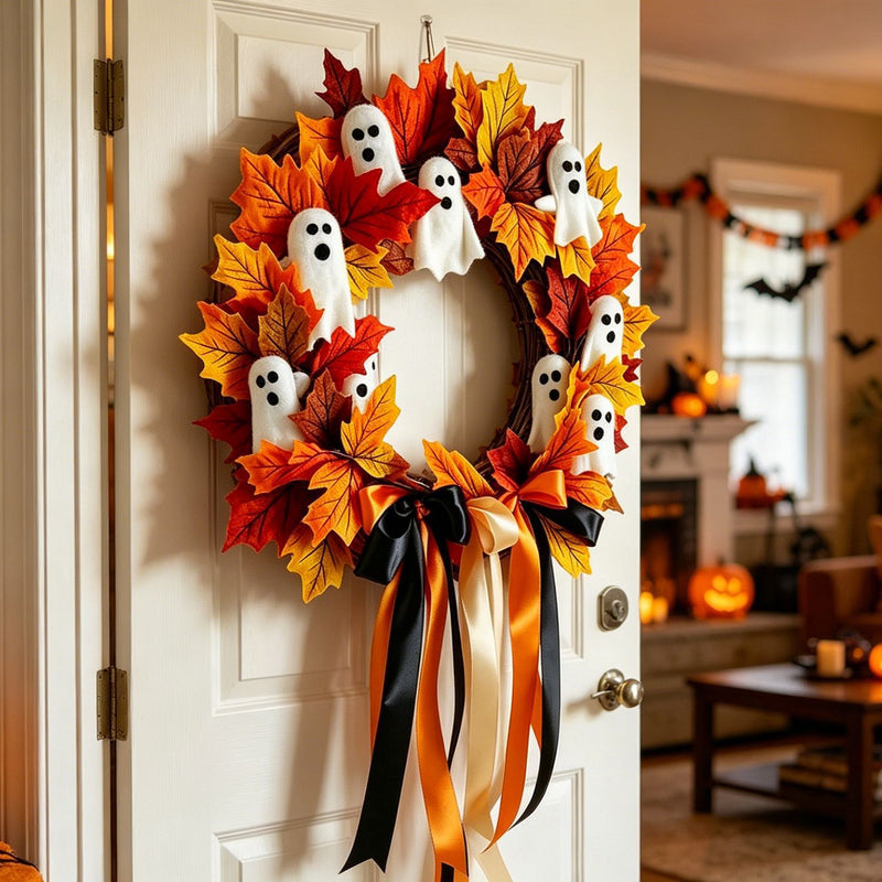 Halloween Ghost Wreath Bow Decor, 16", Realistic Silk & Plastic, Spooky Home Decor, Party, Event, Door Hanging