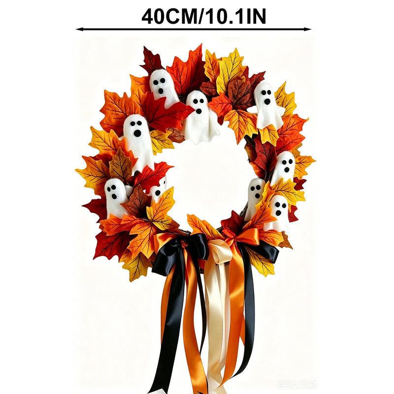 Halloween Ghost Wreath Bow Decor, 16", Realistic Silk & Plastic, Spooky Home Decor, Party, Event, Door Hanging