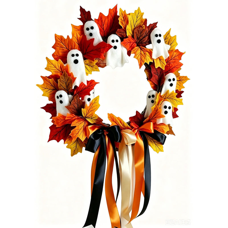 Halloween Ghost Wreath Bow Decor, 16", Realistic Silk & Plastic, Spooky Home Decor, Party, Event, Door Hanging