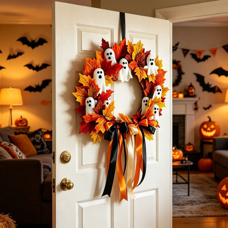 Halloween Ghost Wreath Bow Decor, 16", Realistic Silk & Plastic, Spooky Home Decor, Party, Event, Door Hanging