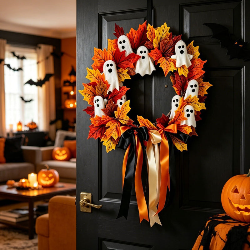 Halloween Ghost Wreath Bow Decor, 16", Realistic Silk & Plastic, Spooky Home Decor, Party, Event, Door Hanging