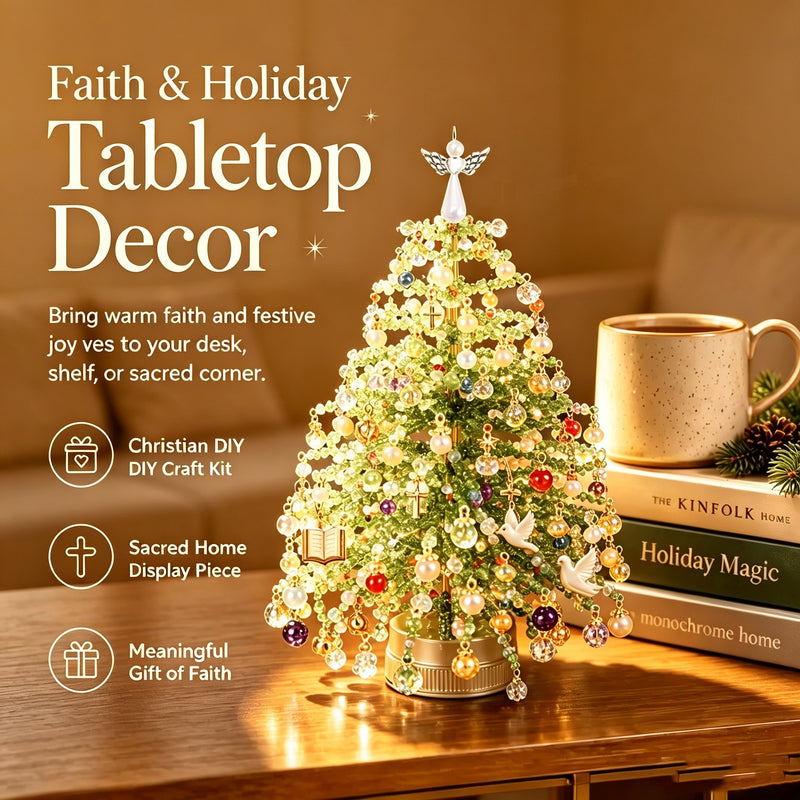 11" DIY Beaded Christmas Tree Kit - Realistic Artificial Holiday Tree with Lights, Angel Topper & Decorations for Home, Wedding, Office, Seasonal Displays